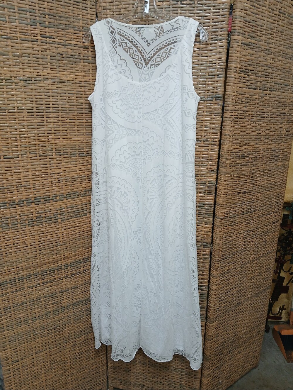 One World Live and Let Live White Maxi Dress Sz Medium Boho Lined Sheer Pattern